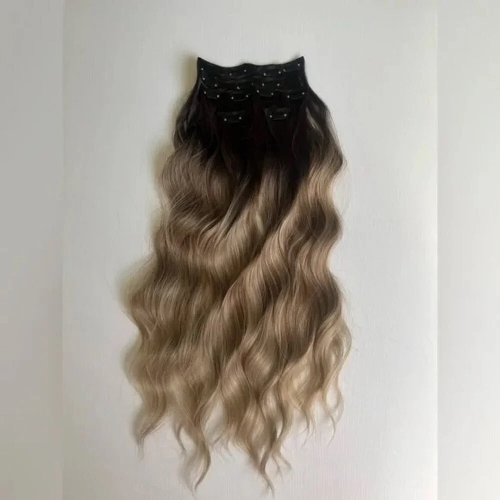 Water Wave Brown to Ash Blonde Balayage Clip in Hair Extensions Set